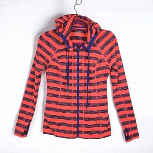 Lukka‎ Athletic Jacket Women's Medium Striped Hoodie Full Zip Coral Pink Navy